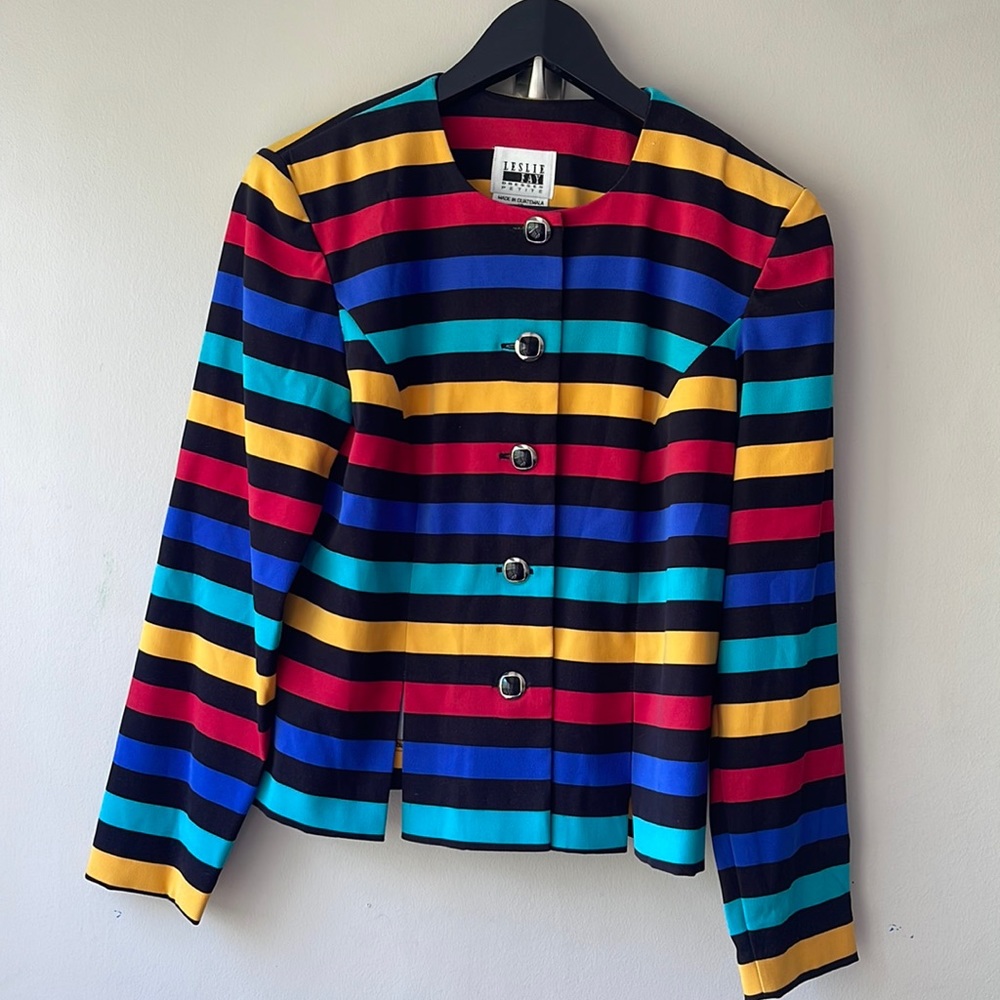 VTG LESLIE FAY 80s 90s Retro Multicolor Long Sleeved Striped Blazer Size 6 P
